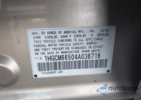 2004 Honda Accord 3.0 Ex из США, поврежденный, VIN 1HGCM66504A036716